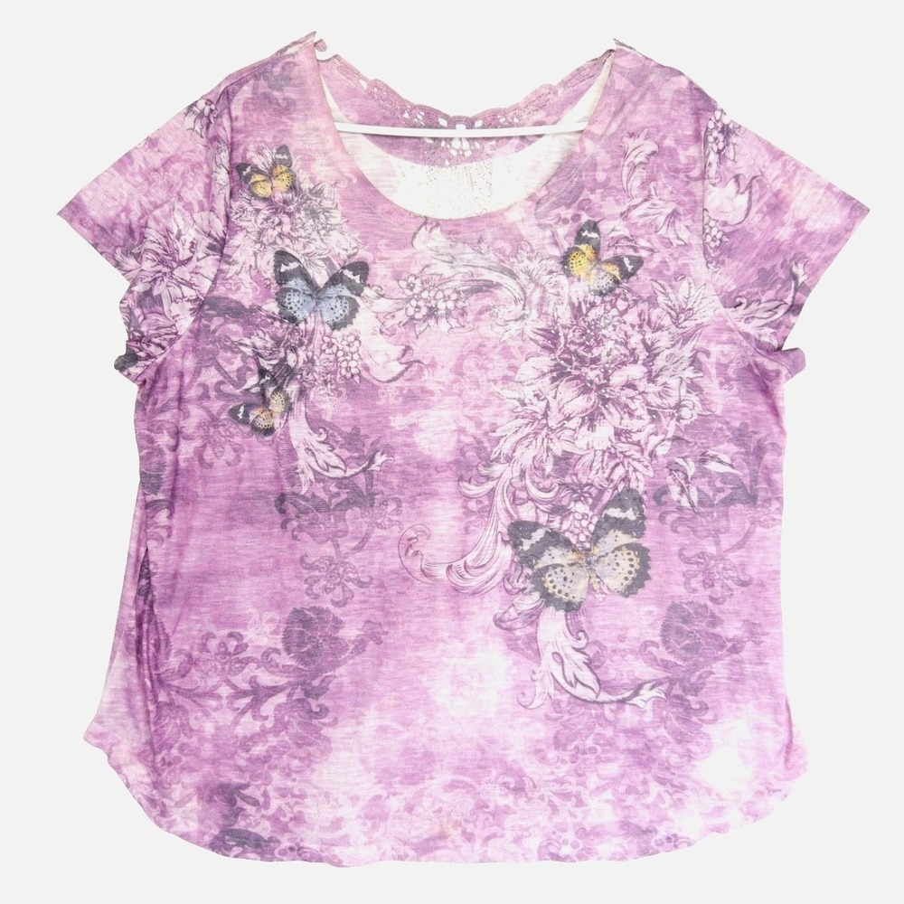 Concepts Burnout Lace Back Lavender Bling Floral Butterfly Fairy Top Womens XXL